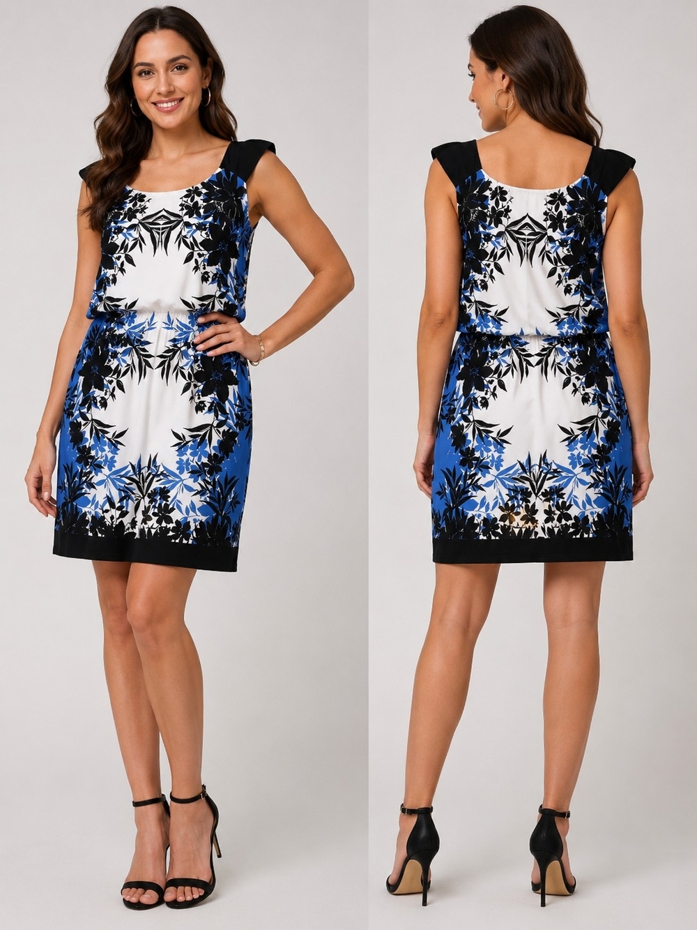 London Times Dress Womens 12 Blue Black White Floral Sleeveless Knee Length